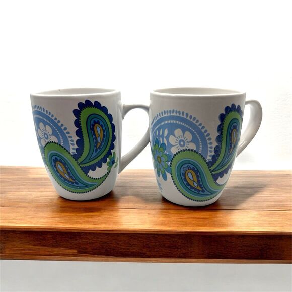 Royal Norfolk Floral Paisley Print Blue & Green Set of Two 12 oz Coffee Mug Cup - Picture 1 of 6